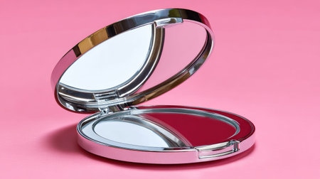Captivating compact mirror with a shiny surface and elegant design resting on a vibrant pink background. Perfect for beauty, fashion, and personal care photography.の素材