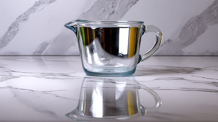 A clear glass measuring cup beautifully reflects on a polished marble surface, showcasing its modern design. Perfect for culinary creations and kitchen photography.の素材