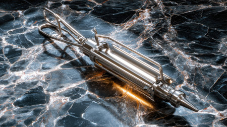 This high-quality image showcases a metallic tool resting on a marble surface. The design features reflections and light effects, making it ideal for various creative projects.の素材