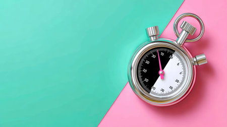 A stylish stopwatch rests on a split pastel background of pink and mint green, symbolizing time management, precision, and active lifestyles in a modern design.の素材