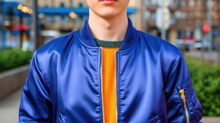 A young male fashion model stands confidently in a vibrant blue jacket over a yellow sweater, showcasing modern style in an urban outdoor environment.の素材