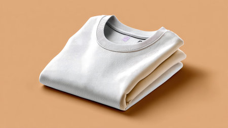 A neatly folded white cotton long sleeve shirt rests on a warm beige surface, capturing a clean and modern aesthetic perfect for fashion and merchandise displays.の素材