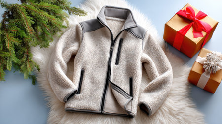 A soft white fleece jacket laid on a plush rug surrounded by wrapped presents and an evergreen tree, perfect for winter marketing and cozy seasonal themes.の素材