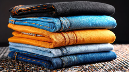 A vibrant collection of folded jeans in various shades stacked neatly, highlighting their textures and details, ideal for fashion displays and apparel marketing.の素材