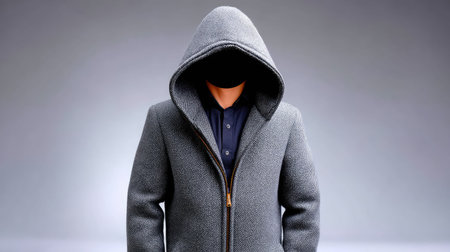 A striking representation of modern fashion, this image showcases a mysterious figure in a gray hooded coat, enhancing themes of anonymity and intrigue.の素材