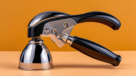 This sleek soda maker features a stunning metal design with a black handle, set against a vibrant orange backdrop. Perfect for modern kitchens and artistic presentations.の素材