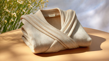 A soft cream sweater is elegantly folded on a stylish surface, surrounded by lush green plants, creating a serene atmosphere perfect for modern lifestyle presentation.の素材