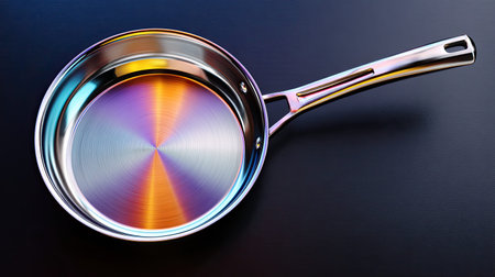 A shiny stainless steel frying pan showcasing vibrant reflections that add a modern touch to any kitchen. Ideal for cooking enthusiasts and home chefs.の素材