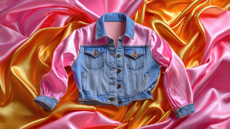This vibrant denim jacket features pink satin sleeves and rests on a colorful silk background. Perfect for showcasing trendy fashion styles in photography.の素材