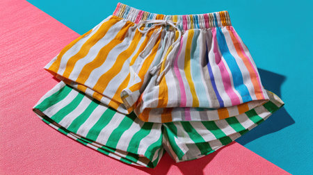 Bright and colorful swim trunks with playful stripes lay on a dynamic backdrop, perfect for capturing the essence of summer fun and beach vibes.の素材