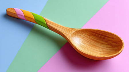 A colorful bamboo spoon rests gracefully on a geometric background of pastel shades, creating a modern kitchen aesthetic. Perfect for home decor and culinary use.の素材
