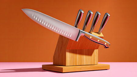 A beautifully designed kitchen knife set on a wooden block against a vibrant backdrop, ideal for culinary enthusiasts looking to enhance their kitchen aesthetics.の素材
