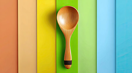 This image features a beautiful wooden scoop placed against a vibrant and colorful background, showcasing a creative and modern food styling arrangement perfect for culinary inspirations.の素材