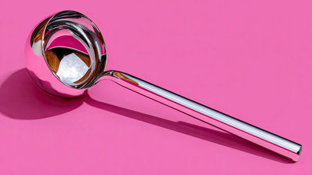 A sleek silver ladle rests elegantly on a vibrant pink surface, showcasing its reflective qualities. This modern kitchen tool adds a touch of style to any culinary setup.の素材