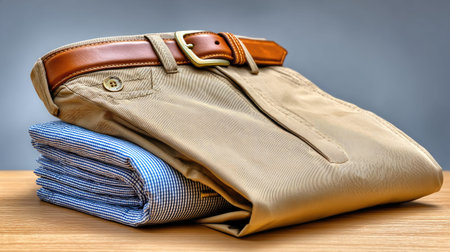 This image shows a neatly folded pair of beige dress pants and a blue checkered shirt with a stylish brown belt, perfect for a smart casual look.の素材