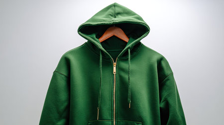This image captures a stylish green zip-up hoodie elegantly displayed on a wooden hanger. Ideal for fashion and lifestyle content, it features a soft fabric texture and a minimalistic design.の素材