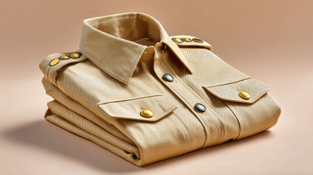 This image showcases a neatly folded beige shirt featuring decorative button details, set against a smooth background, ideal for fashion and apparel themes.の素材