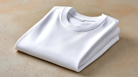A neatly folded white sweatshirt sits on a smooth light surface, highlighting its soft fabric and clean lines, perfect for fashion marketing and apparel showcases.の素材