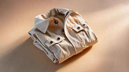 Elegant folded beige jacket showcased on a soft, warm background, ideal for fashion and lifestyle themes. Features stylish design and quality details.の素材