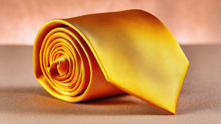 A beautifully rolled yellow silk tie resting on a soft fabric surface, perfect for showcasing elegance in fashion accessories and men's formal attire photography.の素材