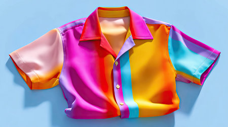 A vibrant multicolor short sleeve shirt displayed on a bright blue background, showcasing a blend of colors and a modern design perfect for trendy summer outfits.の素材