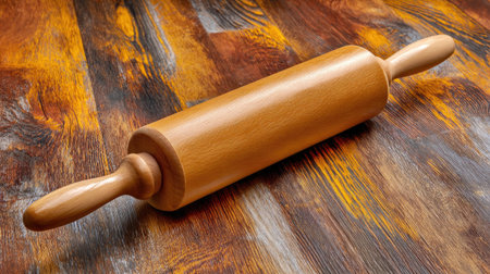 A beautifully crafted wooden rolling pin rests on a textured rustic wooden surface, perfect for any baking enthusiast looking to elevate their culinary creations.の素材