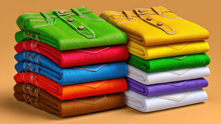 A cozy arrangement of neatly stacked shirts in various bright colors, showcasing a vibrant and playful style perfect for fashion marketing or lifestyle presentations.の素材