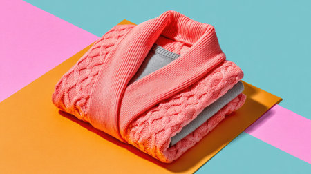 This image showcases a cozy knit sweater in soft pink and gray hues, styled for a fresh, modern look on vibrant backgrounds, perfect for home or lifestyle settings.の素材