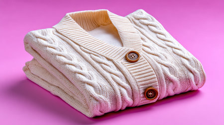 This image features a neatly folded beige knitted cardigan with buttons, set against a vibrant pink background. The knit texture and design highlight cozy style.の素材
