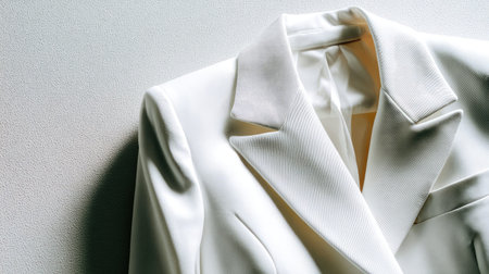 This image showcases a sophisticated white suit jacket against a textured background, emphasizing elegance and class in professional fashion and contemporary style.の素材