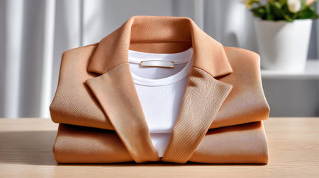 This image showcases neatly folded garments on a wooden surface, illuminated by soft natural light, surrounded by a decorative plant, perfect for fashion displays.の素材