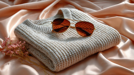 A cozy knit sweater paired with stylish round sunglasses rests elegantly on soft silk fabric. Perfect for fashion-themed projects and lifestyle inspiration.の素材