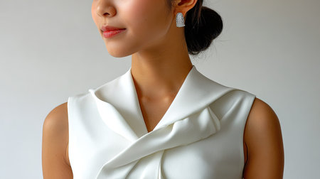 A beautiful woman poses gracefully in a white dress, highlighting elegance and softness. This image captures fashion and beauty with minimalistic styling and serene expression.の素材