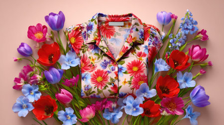 This stunning image features a vibrant floral shirt beautifully arranged with an array of colorful flowers, creating a lively and cheerful atmosphere perfect for spring.の素材