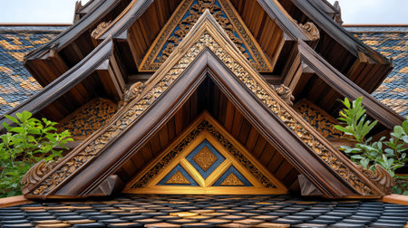 This image showcases a stunning close-up view of a traditional wooden roof adorned with intricate carvings and decorative details, capturing cultural artistry and craftsmanship.の素材