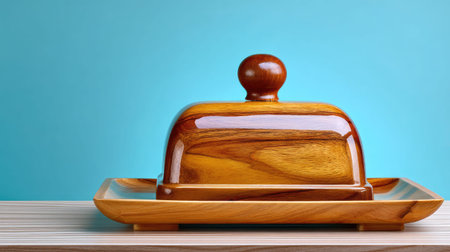 This stunning image showcases an elegant wooden butter dish with a lid, accentuating modern kitchen aesthetics against a bright blue background, perfect for decor inspiration.の素材