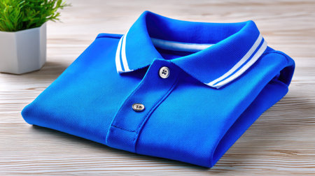 This image features a neatly folded vibrant blue polo shirt on a wooden surface, accented by a small green plant, perfect for showcasing modern fashion.の素材