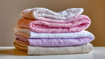 A beautiful stack of soft towels in pastel shades creates a warm and inviting atmosphere. Ideal for home decor, this image showcases comfort and style.の素材