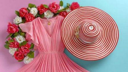 A beautiful arrangement featuring a pink dress and a striped sun hat, complemented by vibrant flowers, perfect for summer fashion inspiration and styling ideas.の素材