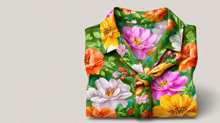 Colorful floral shirt featuring a mix of vibrant flowers against a fresh green background. Ideal for summer fashion, showcasing styles and textiles.の素材