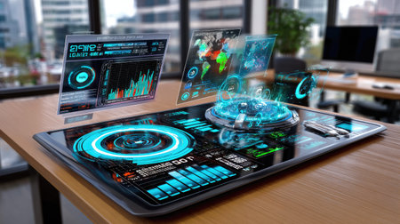 A sleek, modern office featuring a holographic interface for data visualization, illustrating real-time analytics and projections with an emphasis on technology and innovation.の素材