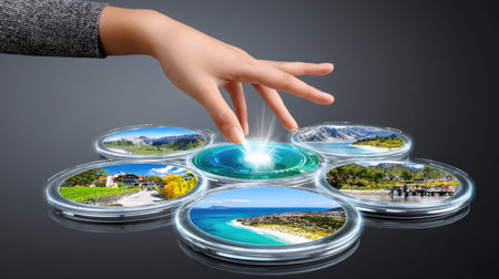 A hand reaches out to select stunning travel destinations displayed in circular visuals, illustrating modern vacation planning and the diversity of experiences available to travelers.の素材