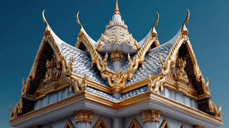 This striking image captures the elaborate roof of a traditional Thai temple, showcasing its intricate golden details and unique architectural style against a serene blue sky.の素材