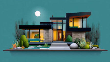 This image showcases a contemporary modern house with sleek lines and vibrant gardens, illuminated by the moonlight. A perfect blend of comfort and elegance.の素材