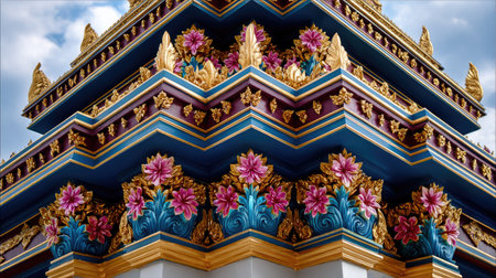 Discover the stunning architectural details of a colorful Buddhist temple, featuring intricate floral designs and vibrant patterns under a clear blue sky.の素材