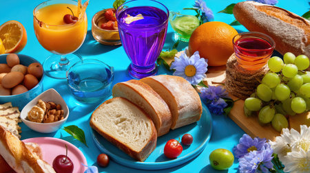 Enjoy a beautiful arrangement of fresh breads, colorful juices, and assorted fruits on a vibrant table perfect for enhancing any brunch or dining scene.の素材