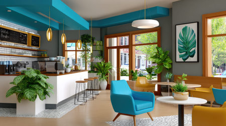 Bright and inviting coffee shop interior featuring modern furniture, lush green plants, and natural light, creating a cozy and welcoming atmosphere for patrons.の素材