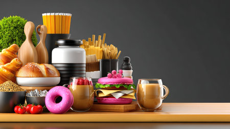 A vibrant collection of gourmet food items and beverages showcases colorful treats, fresh ingredients, and elegant tableware arranged beautifully on a wooden table.の素材