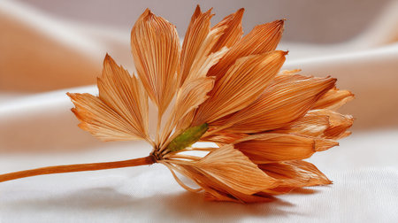 A stunning close-up view of delicate dried flower petals resting on smooth fabric, showcasing warm earthy tones and intricate textures, perfect for nature lovers.の素材