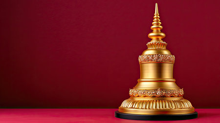 A stunning golden stupa stands elegantly against a rich red background, representing spiritual enlightenment and the beauty of Asian cultural traditions and architecture.の素材